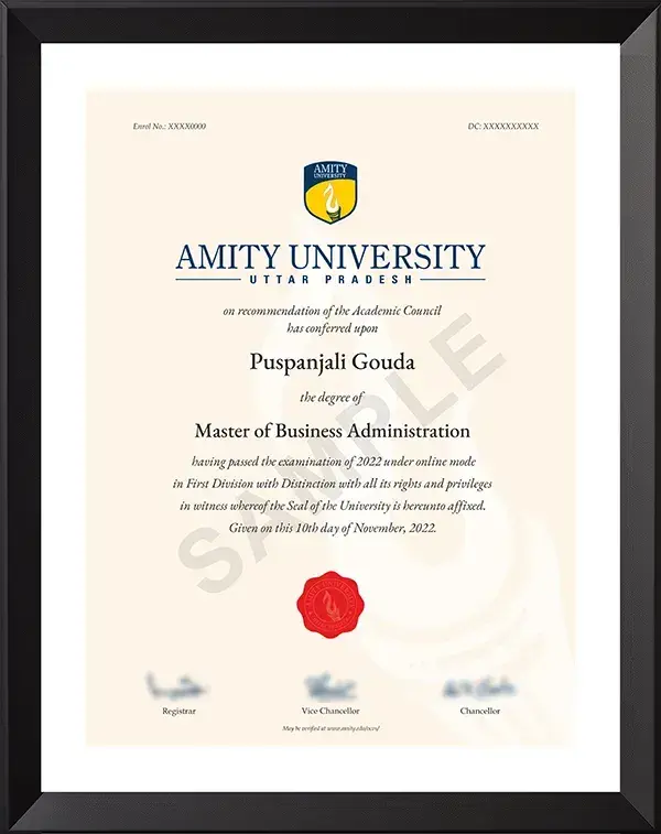 Amity Online Degree Sample Certificate - DoctoratePath