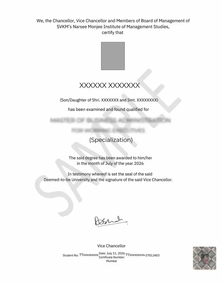 NMIMS Online Degree Sample Certificate - DoctoratePath