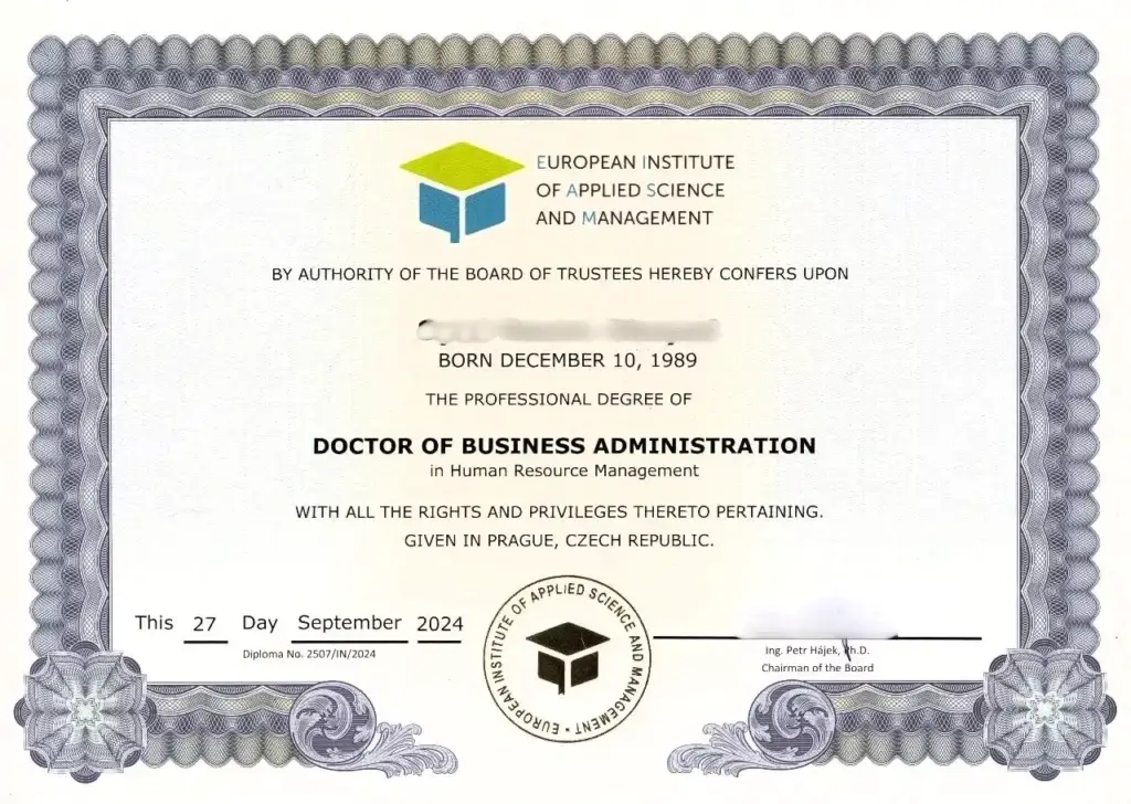 EIASM Sample Certificate